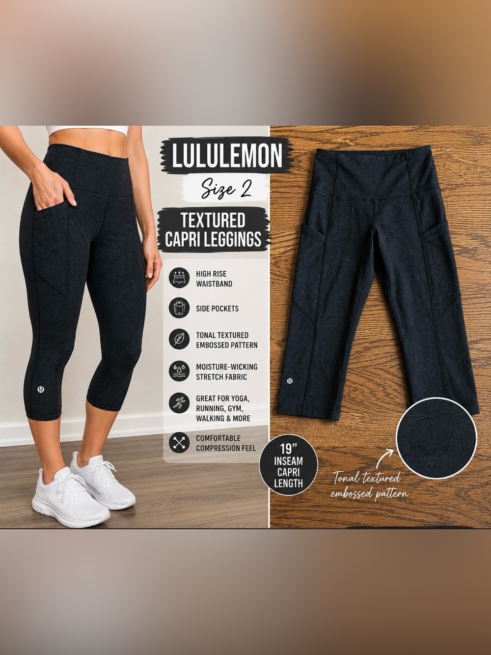 Lululemon Size 2 Black Textured Capri Leggings High Rise Side Pocket 19” Inseam